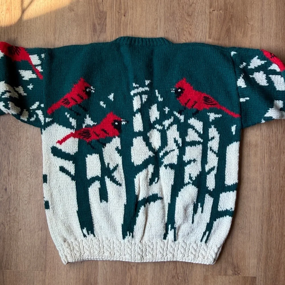 Vintage Quissett Cove Cardinal Birds 100% Shetland WOOL Cardigan Sweater - Picture 8 of 8